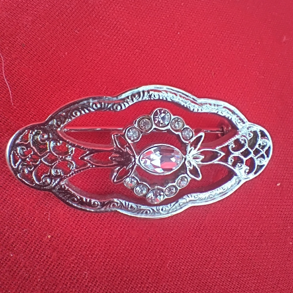 Vintage Downton Abbey Silver-tone Crystal Edwardian Oval Brooch